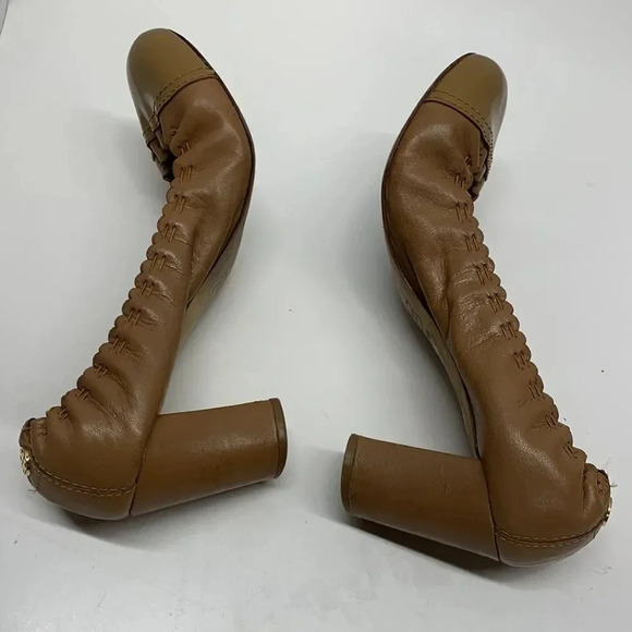 Tory Burch Romy High Heels Shoes Patent Leather Cap Toe Scrunched Brown Tan 7.5 - Picture 9 of 13